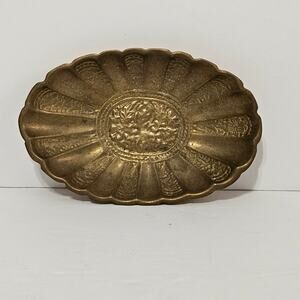 Brass Oval Trinket or Soap Dish MCM Vintage Collectible Detailed Design